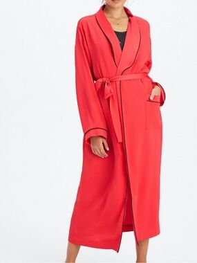 Fabletics Eco-satin Robe Strawberry Red With Black Trim With Pockets Size Medium